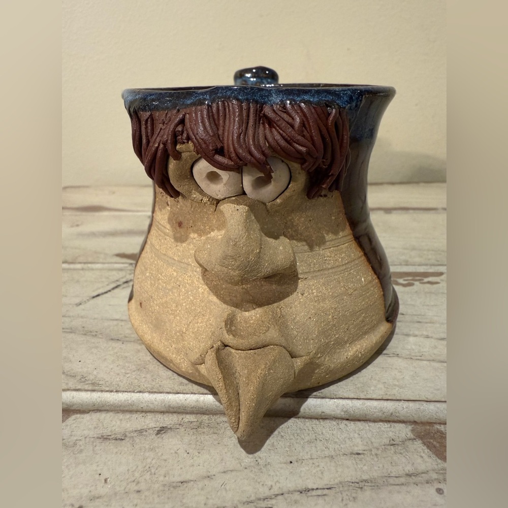Handcrafted American Folk Art Funny Silly Face Stoneware Mug Signed